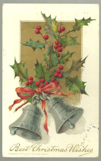 Best Christmas Wishes Postcard Silver Bells and Holly