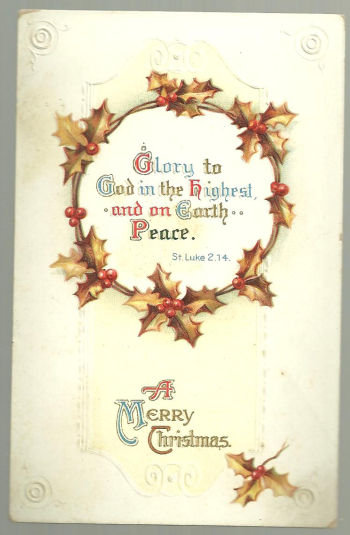 Religious Merry Christmas Postcard with Holly Wreath