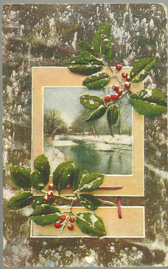 Merry Christmas Postcard with Snow and Holly 1909