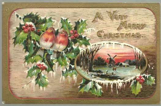 Merry Christmas Postcard with Birds in Snowy Holly 1910
