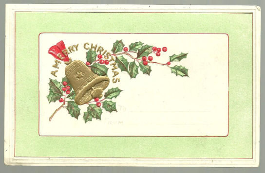 A Merry Christmas Postcard with Holly and Bells