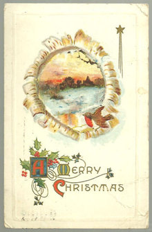 Merry Christmas Postcard with Snowy Landscape and Bird