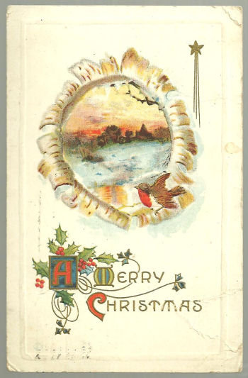 Merry Christmas Postcard with Snowy Landscape and Bird