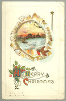Merry Christmas Postcard with Snowy Landscape and Bird