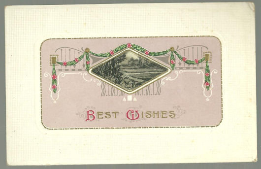 Best Wishes Postcard with Landscape and Garland