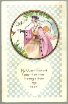 Postcard with with Queen and Angel Among Evergreens