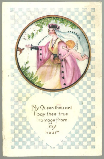 Postcard with with Queen and Angel Among Evergreens