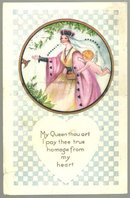 Postcard with with Queen and Angel Among Evergreens