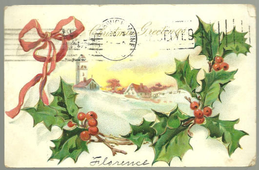 Victorian Christmas Postcard with Snowy Town 1906