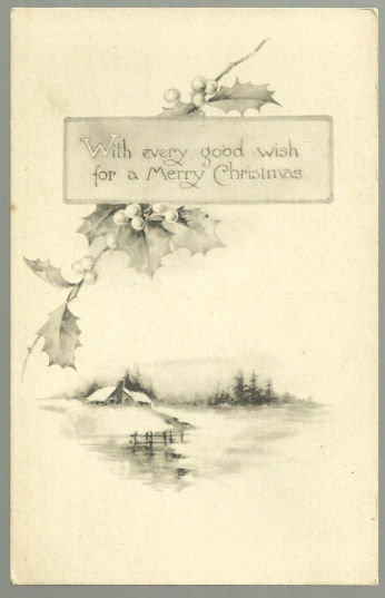 Merry Christmas Postcard With Snowy Landscape and Holly