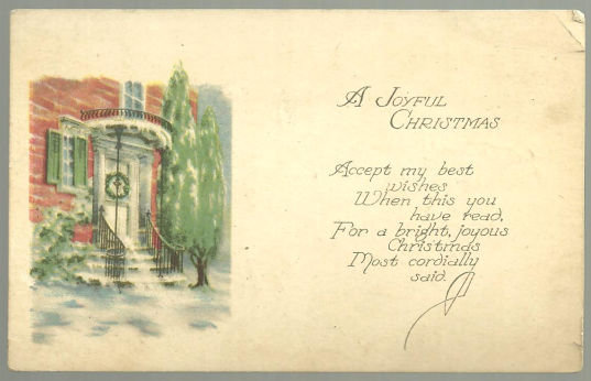 Joyful Christmas Postcard With Snowy Doorway and Tree