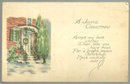 Joyful Christmas Postcard With Snowy Doorway and Tree
