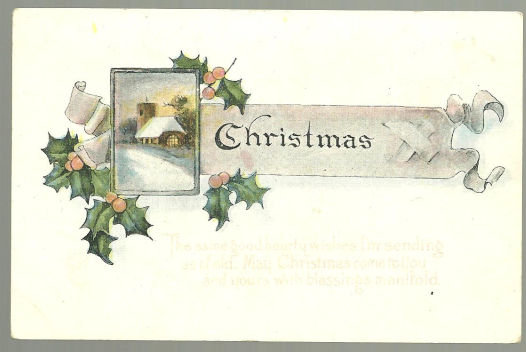 Christmas Postcard With Snowy Church and Holly
