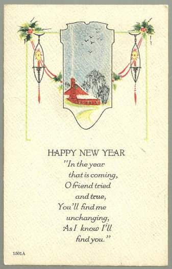 A Happy New Year Postcard With Snowy Red House
