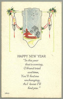 A Happy New Year Postcard With Snowy Red House