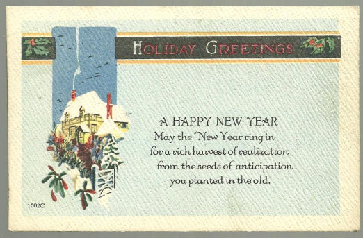A Greetings Happy New Year Postcard With Snowy House