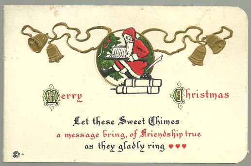 Merry Christmas Card with Santa Claus and Gold Bells