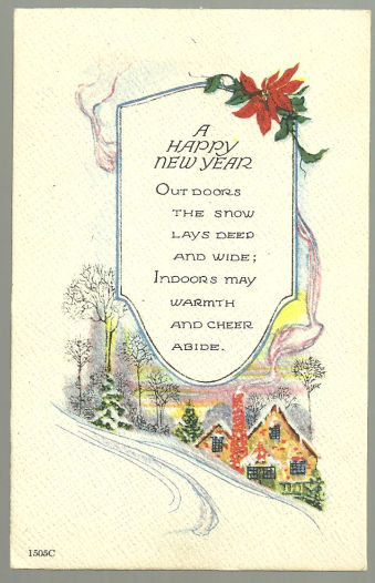 A Happy New Year Postcard with Snowy House Warm Inside