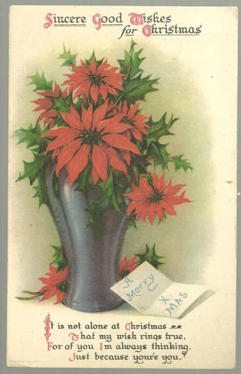 A Merry Christmas Postcard with Vase of Pointsettias