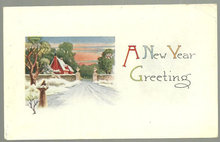 A New Year Greetings Postcard with Snowy Red House