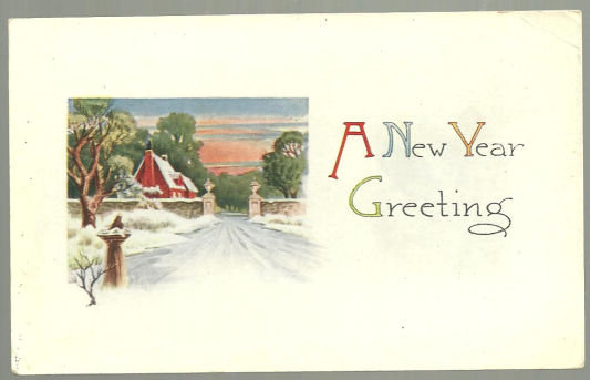 A New Year Greetings Postcard with Snowy Red House