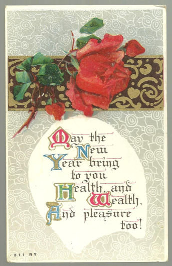 Victorian New Year Postcard with Red Rose and Gold