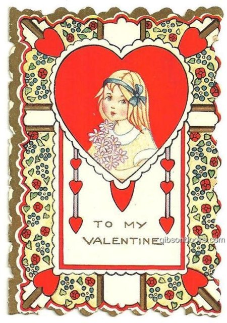 Vintage Valentine Card with Little Girl Holding Flowers
