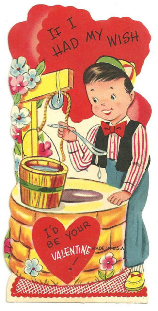 Vintage Valentine With Little Boy at a Wishing Well