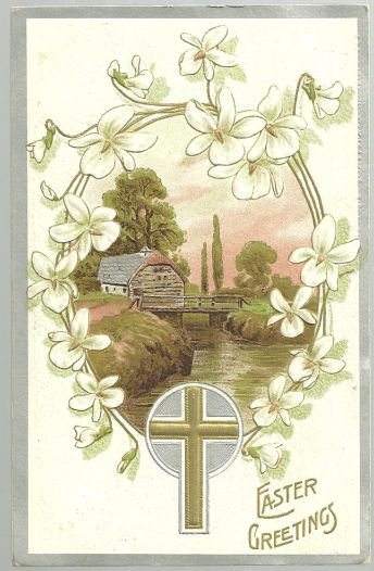 Easter Greetings Postcard with Pastoral Scene and Cross