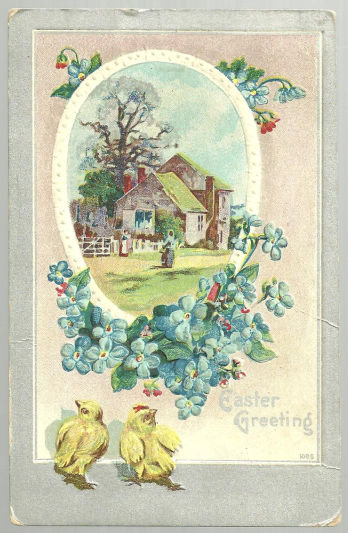 Easter Greetings Postcard Pastoral Scene and Chicks