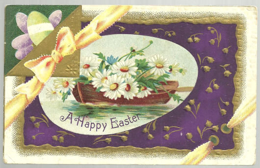 Happy Easter Postcard with Boat Filled with Flowers