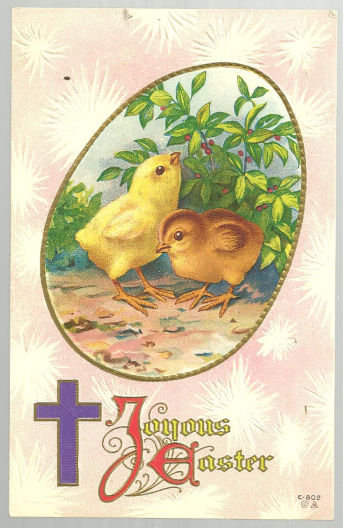 Joyous Easter Postcard with Two Chicks and Purple Cross