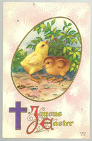 Joyous Easter Postcard with Two Chicks and Purple Cross
