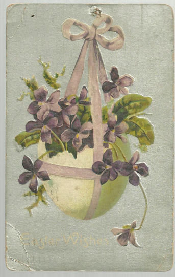 Easter Wishes Postcard with Egg Basket with Violets