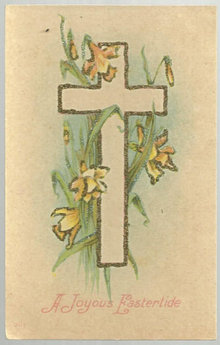Joyous Eastertide Postcard with Cross and Daffodils