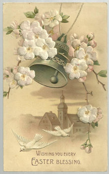Easter Blessing Postcard With Fuzzy Flowers and Bell