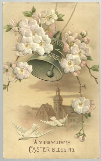 Easter Blessing Postcard With Fuzzy Flowers and Bell