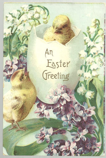 Easter Greetings Postcard with Two Chicks in a Open Egg