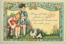Easter Card with a Boy and Girl Playing with Bunnies