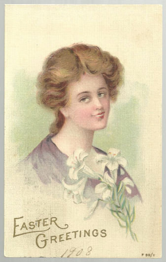 Easter Greetings Postcard with Lovely Lady with Lilies