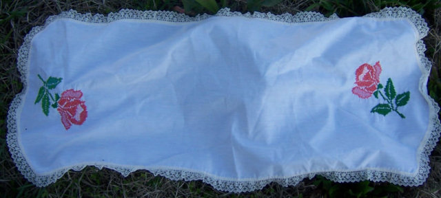 Vintage Pink Rose Cross Stitched Dresser Runner w/Lace