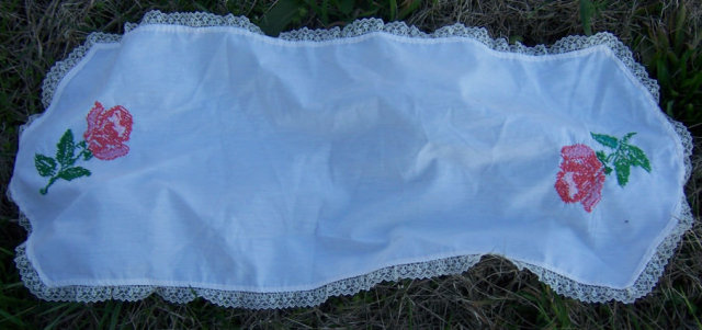 Vintage Pink Rose Cross Stitched Dresser Runner w/Lace