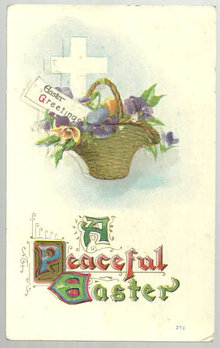 Peaceful Easter Postcard with Floral Basket and Cross