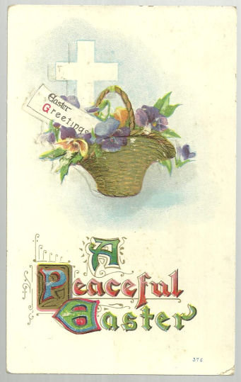 Peaceful Easter Postcard with Floral Basket and Cross