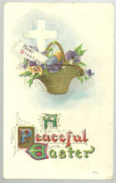 Peaceful Easter Postcard with Floral Basket and Cross