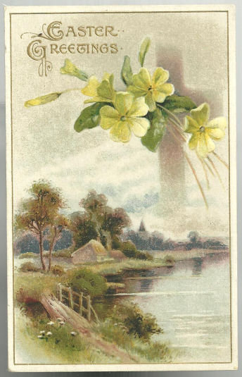 Easter Greetings Postcard with House Along Lake and Cross
