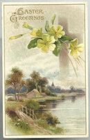 Easter Greetings Postcard with House Along Lake and Cross