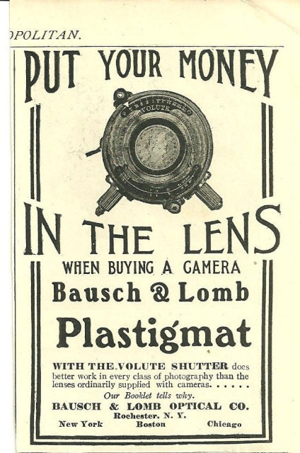 Bausch and Lomb Camera Lens 1904 Cosmopiltan Ad