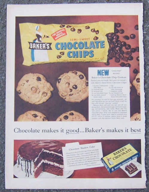 1955 Baker's Chocolate Chips Advertisement with Recipes