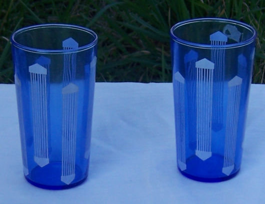 Pair of Deco Cobalt Blue Juice Glasses with White Lines